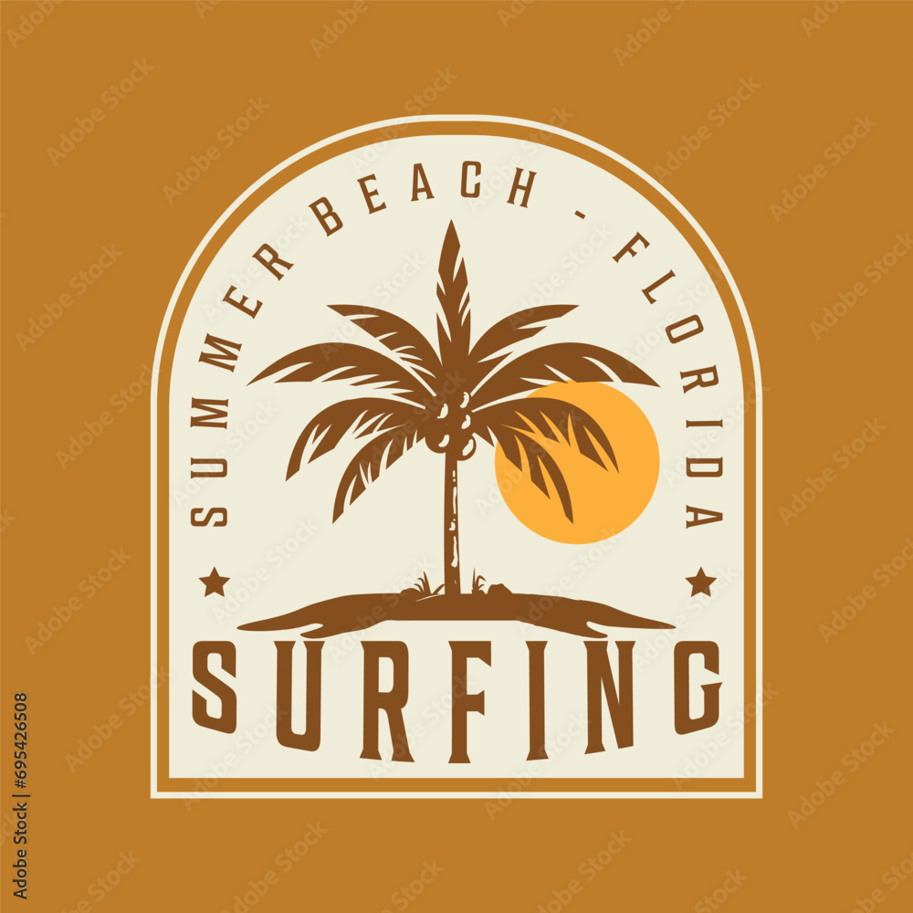 Vector illustration style vintage surfing theme badge design. For t-shirt prints  posters  stickers and other uses.Tropical beach line icon  concept sign  outline vector illustration  linear symbol.