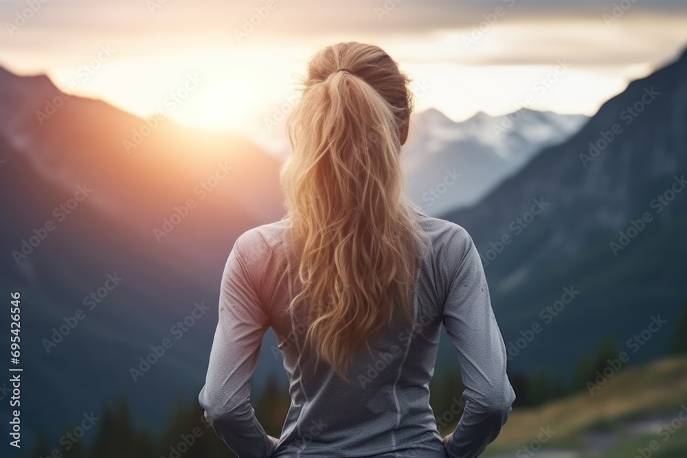 the back of a woman's head as she stands in front of a mountain range with the sun behind her and her back to the camera, with mountains in the background. the back of a woman's head as she stands in front of a mountain range with the sun behind her and her back to the camera, with mountains in the background.