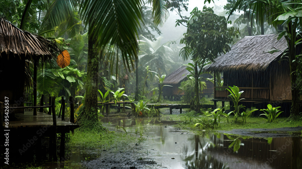 rainy day in a forest village. Generative Ai rainy day in a forest village. Generative Ai