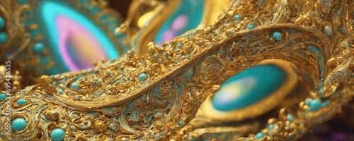 a close up of a gold and turquoise colored object