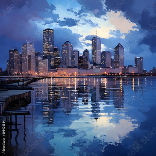 Skyline of Boston  Massachusetts  USA at dusk. Digital painting.