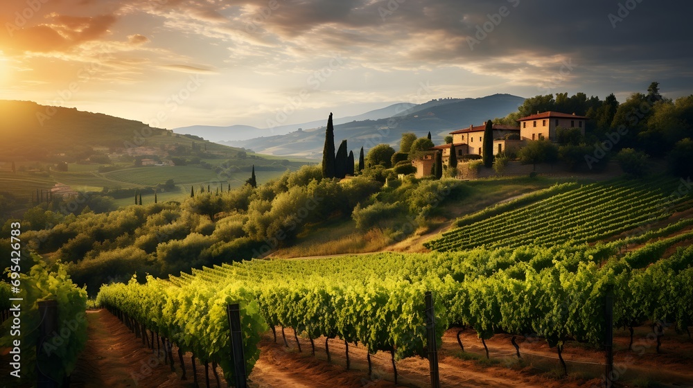 panoramic view of Tuscany landscape with vineyards at sunset