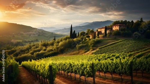 panoramic view of Tuscany landscape with vineyards at sunset