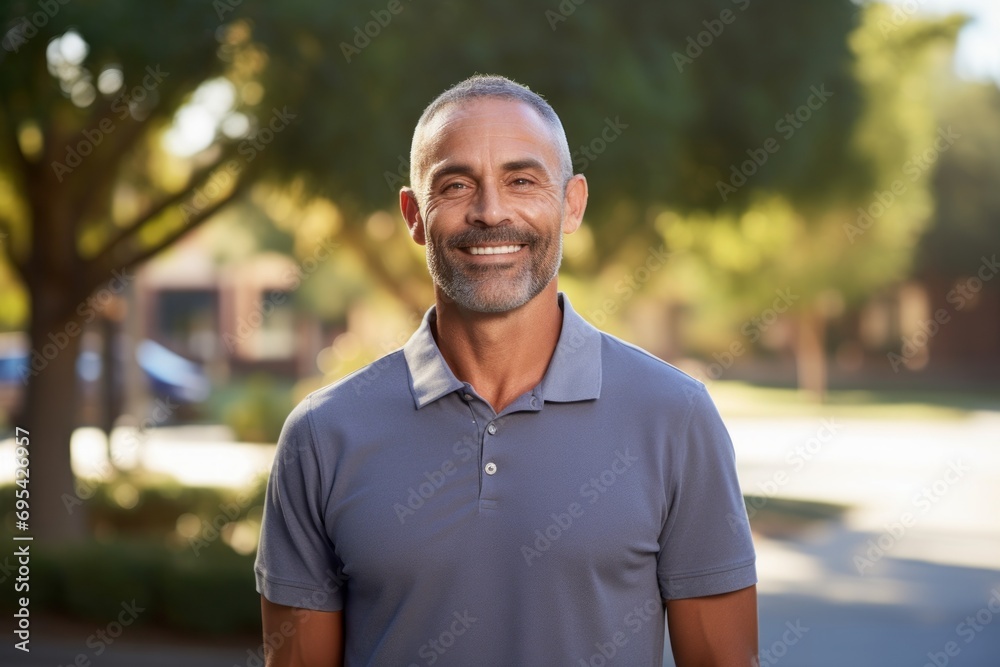 Portrait of a cheerful man in his 40s wearing a sporty polo shirt against a modern university campus background. AI Generation Portrait of a cheerful man in his 40s wearing a sporty polo shirt against a modern university campus background. AI Generation