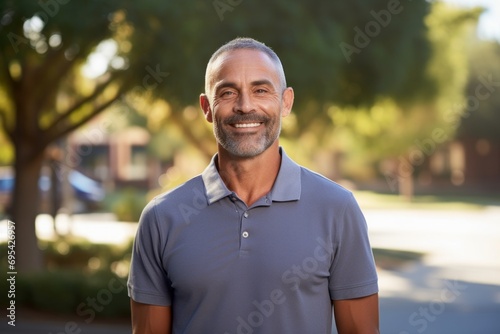 Portrait of a cheerful man in his 40s wearing a sporty polo shirt against a modern university campus background. AI Generation © Markus Schröder