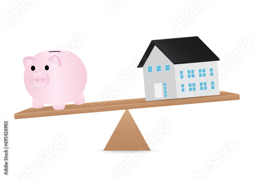 Piggy Bank and House on Balancing  Scale. House Real Estate Property. Saving Money for House. House Loan or Mortgage Concept. 