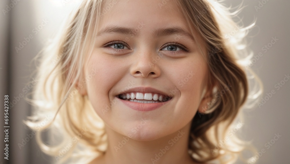 Russian Little Girl Smiling with Whitened Teeth on White Background, Close Up Russian Little Girl Smiling with Whitened Teeth on White Background, Close Up