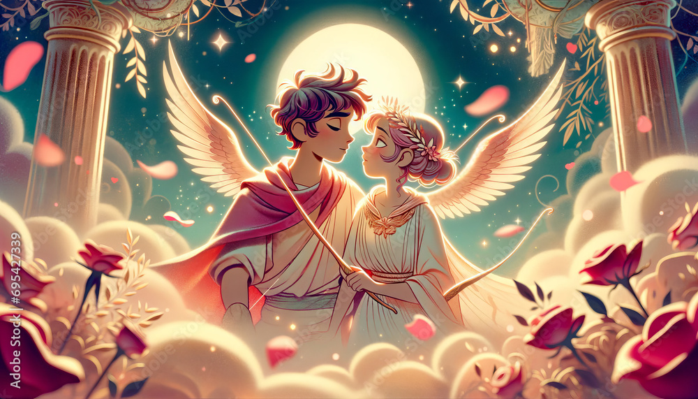 The love story of Eros and Psyche, depicted in a whimsical, animated art style, focusing on a close or medium shot. - obrazy, fototapety, plakaty 