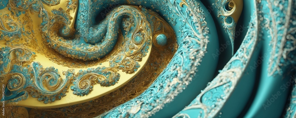 a close up of a blue and gold swirl