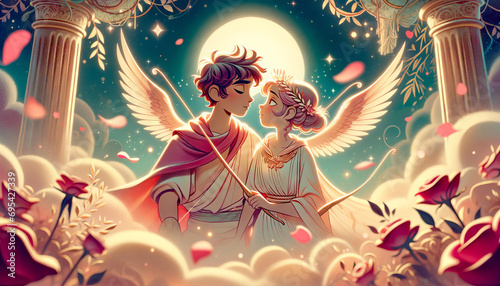 The love story of Eros and Psyche, depicted in a whimsical, animated art style, focusing on a close or medium shot. photo