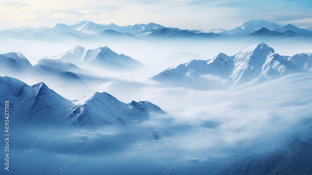  a mountainous expanse enveloped in a snowfall during a foggy morning. The fog should gently veil parts of the landscape, imparting a sense of mystery and depth. The snowflakes should be depicted fall