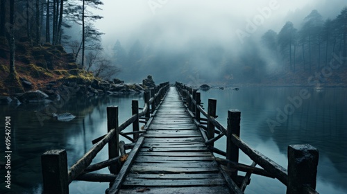 A serene scene of misty fog surrounds a rustic wooden bridge over tranquil waters, framed by the silhouettes of towering trees and a pastel sky