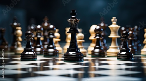 Chess pieces standing on a chessboard. Strategy of playing and winning, abstract, Generative AI