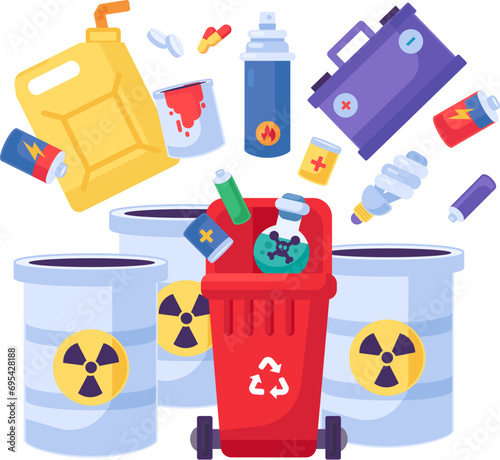 Old combustible and flammable items fall into open trash can. Heap of chemical and fuel industry items. Hazardous pollution problem. Cartoon isolated vector isolated on white background