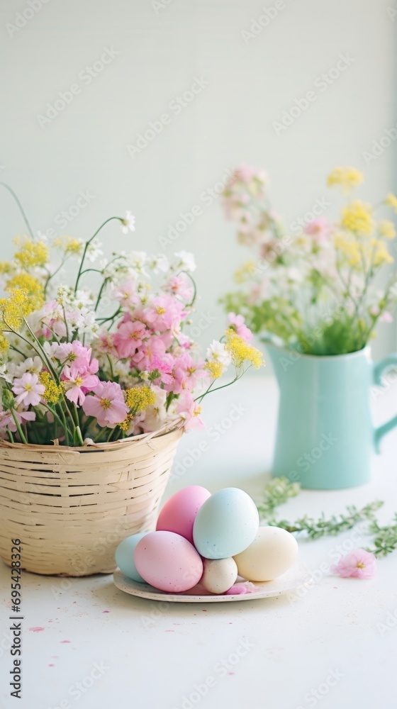 Obraz premium Easter holiday background. On the table there is an Easter basket with colorful eggs and beautiful spring flowers