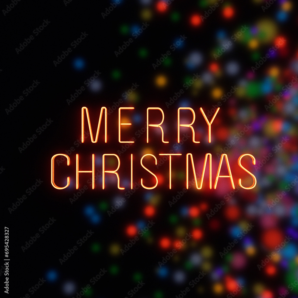 Postcard with glowing neon inscription “Merry Christmas” with glare and reflections from the tree garland on the glossy wall. A realistic 3D image of shining inscription in the night.