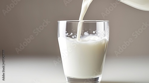 White milk is poured into a clear glass beaker. Concept of healthy and natural products. Generative AI