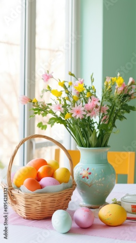 Easter holiday background. On the table there is an Easter basket with colorful eggs and beautiful spring flowers