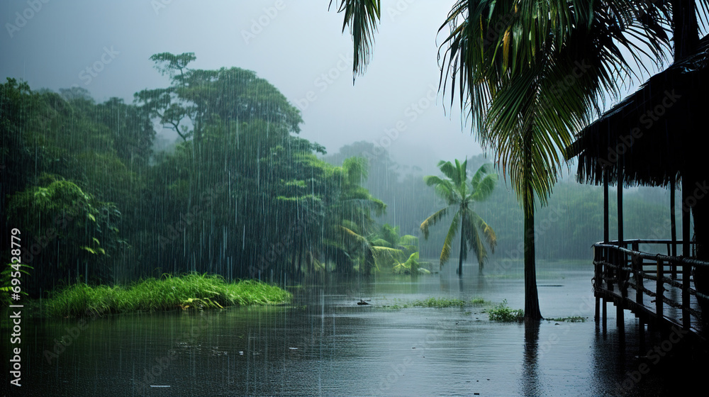 Obraz premium rainy day in a forest village. Generative Ai