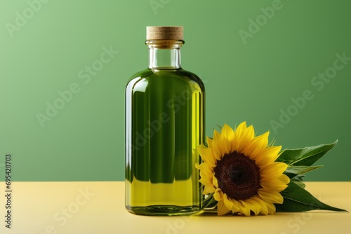  a bottle of sunflower oil next to a sunflower on a table with a green wall behind it and a single sunflower in the foreground of the bottle.