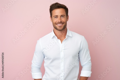 Portrait of a cheerful man in his 30s sporting a long-sleeved thermal undershirt against a pastel or soft colors background. AI Generation