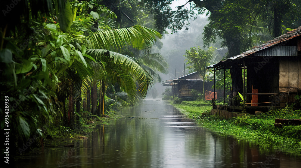 rainy day in a forest village. Generative Ai rainy day in a forest village. Generative Ai