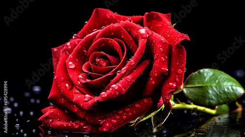 Red rose with dew on petals wallpaper - ai generative