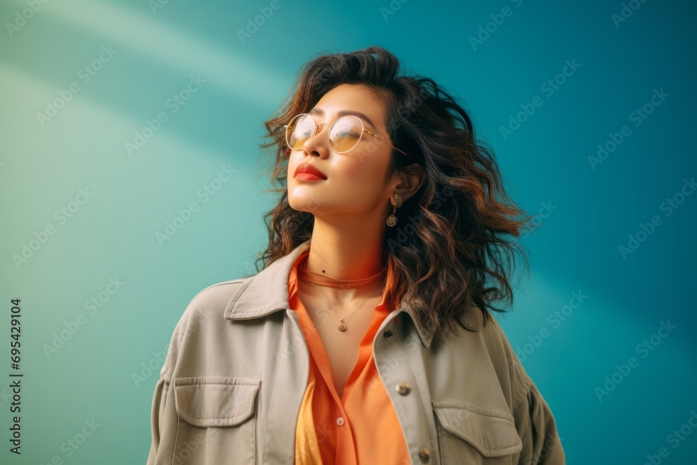 Portrait of a tender asian woman in her 40s wearing a trendy sunglasses against a pastel or soft colors background. AI Generation Portrait of a tender asian woman in her 40s wearing a trendy sunglasses against a pastel or soft colors background. AI Generation