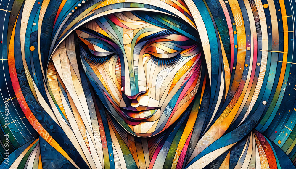 A detailed, close to medium shot angle image of an abstract painting of Mother Maria, with bold, vibrant colors.