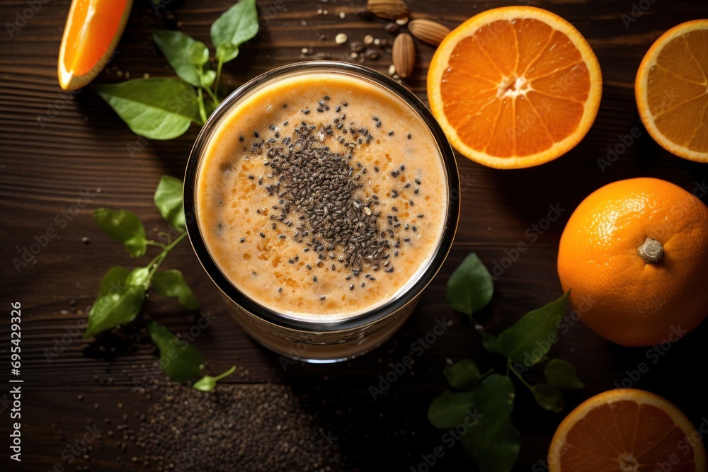 a glass of orange smoothie surrounded by sliced oranges and green leaves on a wooden table with seeds and seeds on top of the smoothie in the glass. a glass of orange smoothie surrounded by sliced oranges and green leaves on a wooden table with seeds and seeds on top of the smoothie in the glass.