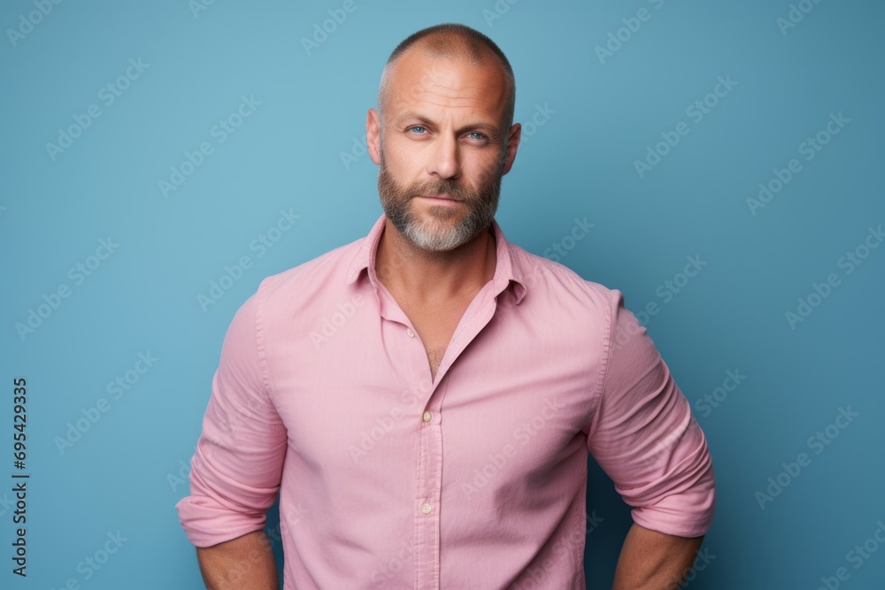 Portrait of a content man in his 40s sporting a versatile denim shirt against a pastel or soft colors background. AI Generation