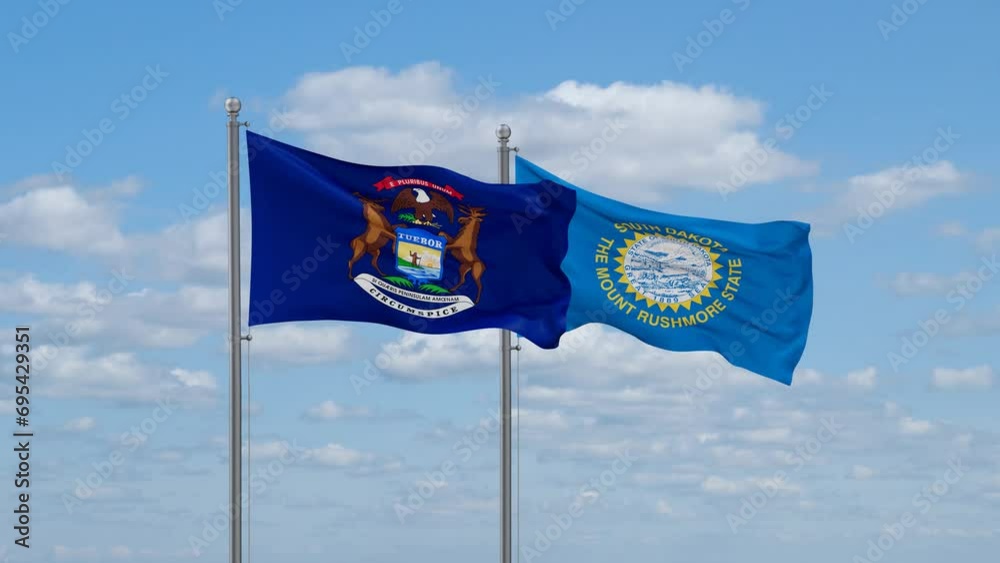 South Dakota and Michigan US state flags waving together on cloudy sky, endless seamless loop South Dakota and Michigan US state flags waving together on cloudy sky, endless seamless loop