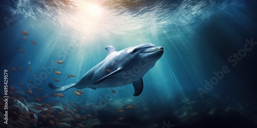 Sea dolphin deep underwater in sunny rays. Ocean life, wildlife. Conservation species and population © svetlana_cherruty