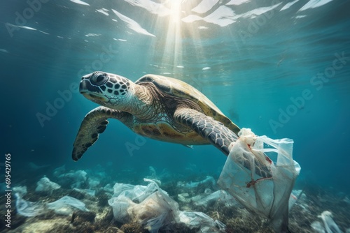 Mediterranean sea turtle deep underwater with plastic bag. Ocean life  wildlife. Concept of ecology problems and plastic debris in ocean. Slow reproduction rates. Micronizing ocean plastics