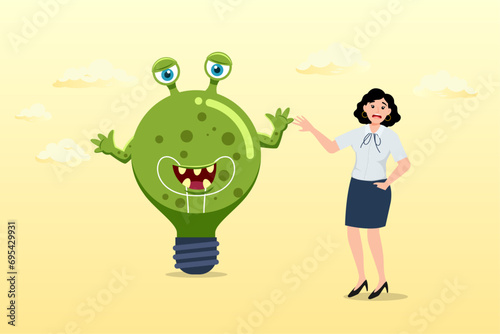 Confused businesswoman looking at devil lightbulb doubting it bad idea, bad idea cause problem, stupid mistake or poor idea, disappointment from rejected, evil and negative opinion (Vector)