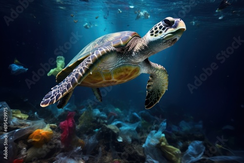 Mediterranean sea turtle deep underwater with plastic bag. Ocean life, wildlife. Concept of ecology problems and plastic debris in ocean. Slow reproduction rates. Micronizing ocean plastics