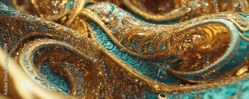a close up of a gold and turquoise colored fabric