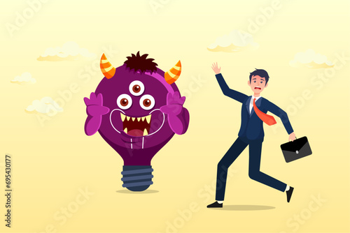 Confused businessman looking at devil lightbulb doubting it bad idea, bad idea cause problem and failure, stupid mistake or poor idea, disappointment from rejected, evil and negative opinion (Vector)