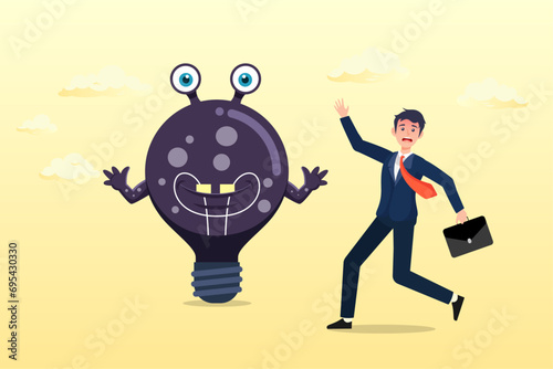 Confused businessman looking at devil lightbulb doubting it bad idea, bad idea cause problem and failure, stupid mistake or poor idea, disappointment from rejected, evil and negative opinion (Vector)