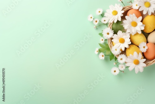 Easter holiday background flat top view. On the table there is an Easter basket with colorful eggs and beautiful spring flowers © megavectors