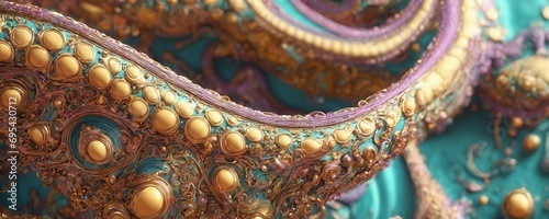 a close up of a gold and turquoise dress