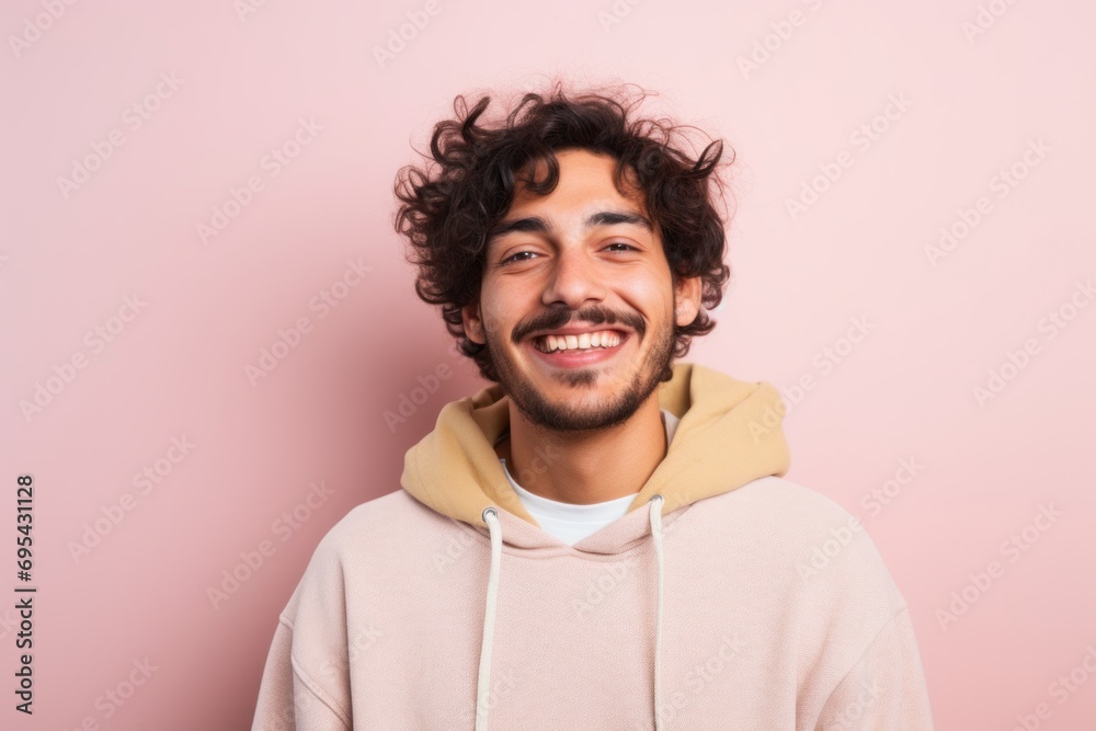 Portrait of a happy man in his 20s donning a warm wool beanie against a pastel or soft colors background. AI Generation Portrait of a happy man in his 20s donning a warm wool beanie against a pastel or soft colors background. AI Generation