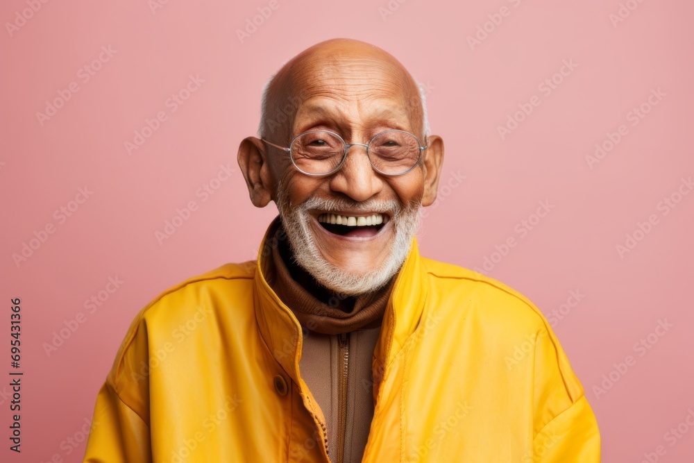 Obraz premium Portrait of a cheerful indian elderly 100 years old man wearing a functional windbreaker against a pastel or soft colors background. AI Generation