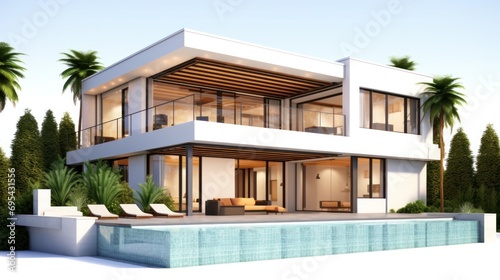 3d rendering of modern house by the river at morning, house, luxury, villa, modern, architecture, building, exterior, residential, property, designer. © pinkrabbit