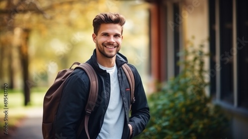 Handsome Smile student man with backpack and books in library, education, university, cheerful, college, happy, standing, school, backpack, attractive, enjoyment, confidence
