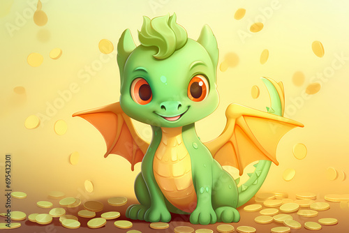 Cute green dragon with golden coins