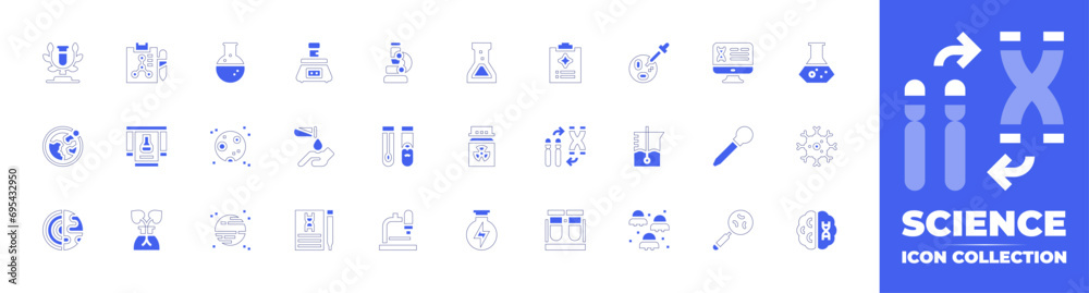 Science icon collection. Duotone style line stroke and bold. Vector illustration. Containing science, orbit, research, core, cell, dna, investigation, full moon, planet, centrifuge, corrosion, biology
