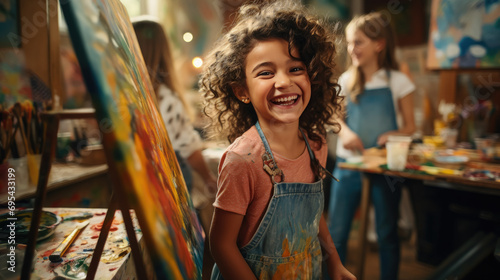 little beautiful girl draws on an easel in an art studio, drawing school, child, childhood, creativity, kid, smiling face, portrait, brush, paints, still life, picture, interior, student, master class
