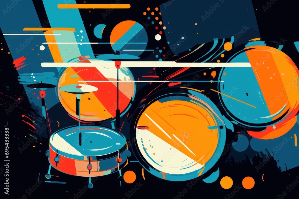 a painting of a drum set on a black background with orange, blue, and ...