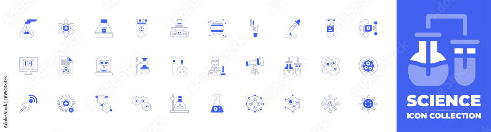 Science icon collection. Duotone style line stroke and bold. Vector illustration. Containing incubator, molecular structure, planet, space capsule, scientist, test tube, artificial intelligence.